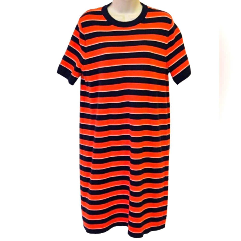 J. Crew Blue/Orange Multi-Color Stripe Short Sleeve Sweater Dress,Large
